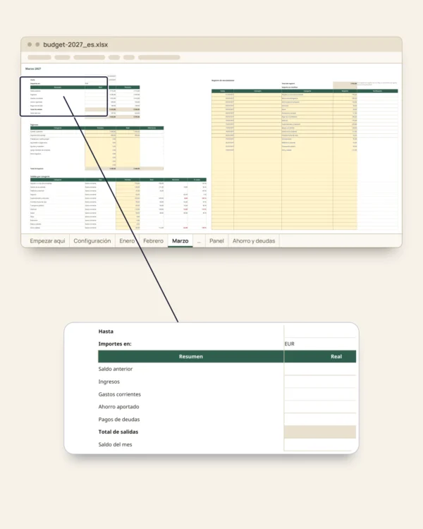 Presupuesto 2027 — plantilla Excel y Google Sheets, mes a mes, en tu moneda