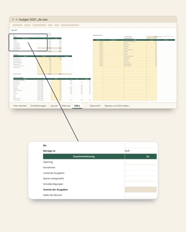 Budget 2027 — Haushaltsbuch Excel-Vorlage, auch für Google Tabellen, Monat für Monat, in Ihrer Währung