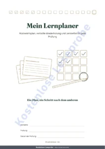 Mein Lernplaner — Lernplaner für Prüfungen — Rückwärtsplan, verteilte Wiederholung und Lernzettel zum Ausfüllen (undatiertes PDF)