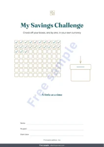 My Savings Challenge — Savings Challenge — printable PDF notebook and spreadsheet that does the math, in your own currency (works with Excel, Google Sheets and LibreOffice)