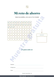Mi reto de ahorro — Reto de ahorro — cuaderno PDF para marcar y hoja de cálculo que hace las cuentas, en tu moneda (compatible con Excel, Google Sheets y LibreOffice)