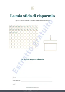 La mia sfida di risparmio — Sfida di risparmio — quaderno PDF da spuntare e foglio di calcolo che fa i conti, nella tua valuta (compatibile con Excel, Google Sheets e LibreOffice)