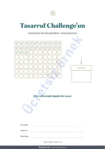 Tasarruf Challenge'ım — Tasarruf Challenge’ı — işaretlemeli PDF defter ve hesabı yapan tablo, kendi para biriminizde (Excel, Google Sheets ve LibreOffice ile uyumlu)