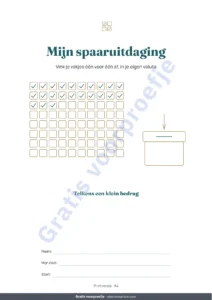 Mijn spaaruitdaging — Spaaruitdaging — pdf-schrift om af te vinken en rekenmap in je eigen valuta (compatibel met Excel, Google Sheets en LibreOffice)