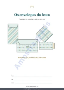 Os envelopes da festa — Os envelopes da festa — 4 moldes para imprimir e dobrar sem cola, com cartões e etiquetas (PDF A4 e Letter)