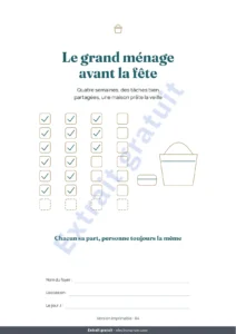 Le grand ménage avant la fête — Le grand ménage avant la fête — planning de 4 semaines et partage équitable des tâches de 2 à 6 personnes (PDF à imprimer)