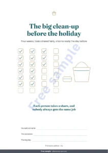 The big clean-up before the holiday — The big clean-up before the holiday — 4-week cleaning planner with a fair task rotation for 2 to 6 people (printable PDF)