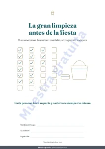 La gran limpieza antes de la fiesta — La gran limpieza antes de la fiesta — planificador de 4 semanas y reparto justo de tareas para 2 a 6 personas (PDF para imprimir)
