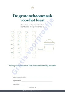 De grote schoonmaak voor het feest — De grote schoonmaak voor het feest — schoonmaakplanning van 4 weken met eerlijke taakverdeling voor 2 tot 6 personen (PDF om te printen)