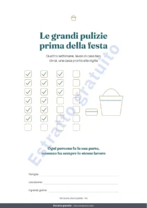 Le grandi pulizie prima della festa — Le grandi pulizie prima della festa — planner di 4 settimane e divisione equa delle faccende per 2-6 persone (PDF da stampare)