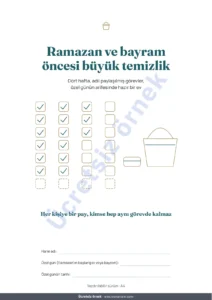 Ramazan ve bayram öncesi büyük temizlik — Ramazan ve bayram öncesi büyük temizlik — 4 haftalık plan ve 2-6 kişi için adil görev paylaşımı (yazdırılabilir PDF)
