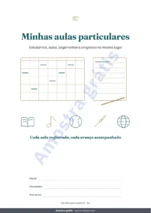 Minhas aulas particulares — Aulas particulares — planilha de estudantes, aulas e pagamentos + caderno PDF para imprimir (Excel, Google Sheets e LibreOffice)