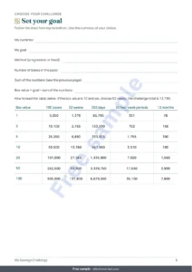 Set your goal — Savings Challenge — printable PDF notebook and spreadsheet that does the math, in your own currency (works with Excel, Google Sheets and LibreOffice)