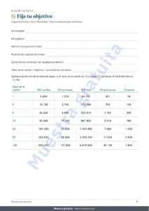Fija tu objetivo — Reto de ahorro — cuaderno PDF para marcar y hoja de cálculo que hace las cuentas, en tu moneda (compatible con Excel, Google Sheets y LibreOffice)