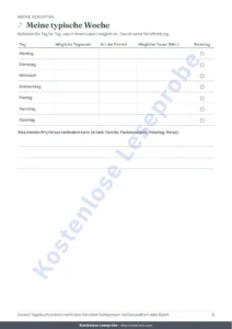 Meine typische Woche — Mein Einheiten-Tagebuch — Trainingstagebuch für 12 Wochen (Gehen, Laufen, Fitnessstudio), PDF zum Ausdrucken