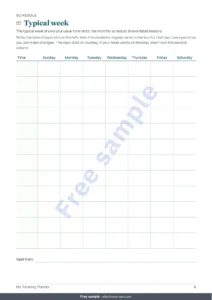 Typical week — Private Lessons Tracker — workbook for students, lessons and payments + printable PDF notebook (Excel, Google Sheets and LibreOffice)