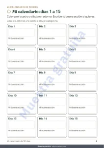 Mi calendario: días 1 a 15 — Mi cuaderno de Ramadán — Juegos, dibujos para colorear y buenas acciones, 5-10 años