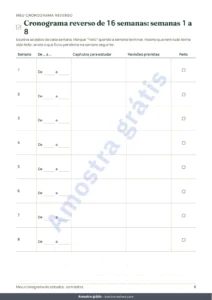 Cronograma reverso de 16 semanas: semanas 1 a 8 — Cronograma de estudos para provas — cronograma reverso, repetição espaçada e fichas para preencher (PDF sem datas)