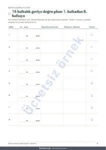 16 haftalık geriye doğru plan: 1. haftadan 8. haftaya — Sınav çalışma planlayıcısı — geriye doğru plan, aralıklı tekrar ve doldurulabilir özet kartları (tarihsiz PDF)