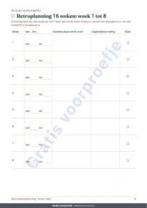 Retroplanning 16 weken: week 1 tot 8 — Examenplanning — retroplanning, gespreide herhaling en samenvattingsbladen om in te vullen (pdf zonder datums)