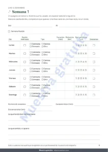 Semana 1 — Mi cuaderno de sesiones — diario de entrenamiento de 12 semanas (caminata, carrera, gimnasio), PDF para imprimir