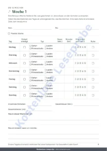 Woche 1 — Mein Einheiten-Tagebuch — Trainingstagebuch für 12 Wochen (Gehen, Laufen, Fitnessstudio), PDF zum Ausdrucken