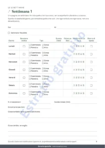 Settimana 1 — Il mio diario, sessione per sessione — diario di allenamento di 12 settimane (camminata, corsa, palestra), PDF da stampare