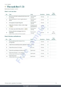 The task list (1/2) — The big clean-up before the holiday — 4-week cleaning planner with a fair task rotation for 2 to 6 people (printable PDF)