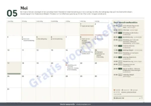 Mei — Marketingkalender 2027 — data per land en ideeën voor berichten, pdf + spreadsheet + agendabestand