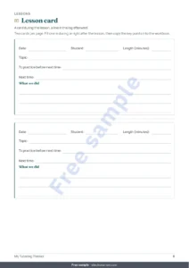 Lesson card — Private Lessons Tracker — workbook for students, lessons and payments + printable PDF notebook (Excel, Google Sheets and LibreOffice)
