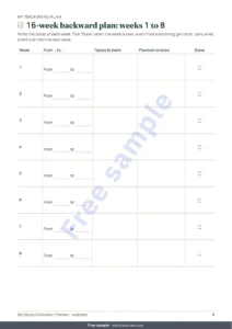 16-week backward plan: weeks 1 to 8 — Exam Study & Revision Planner — backward plan, spaced repetition and fill-in revision sheets (undated PDF)