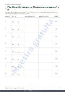 Planificación inversa de 16 semanas: semanas 1 a 8 — Planificador de repaso para exámenes — planificación inversa, repetición espaciada y fichas para rellenar (PDF sin fechas)