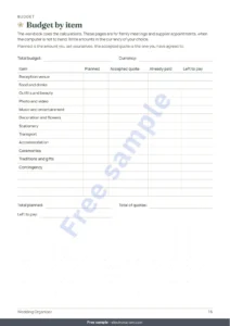 Budget by item — Wedding Organiser — printable PDF planner and budget spreadsheet, whatever your tradition