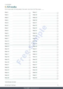 52 weeks — Savings Challenge — printable PDF notebook and spreadsheet that does the math, in your own currency (works with Excel, Google Sheets and LibreOffice)