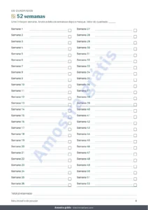 52 semanas — Desafio de poupar — caderno em PDF para marcar e planilha que faz as contas, na sua moeda (compatível com Excel, Google Sheets e LibreOffice)