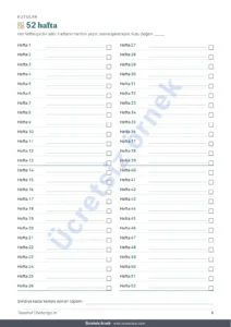 52 hafta — Tasarruf Challenge’ı — işaretlemeli PDF defter ve hesabı yapan tablo, kendi para biriminizde (Excel, Google Sheets ve LibreOffice ile uyumlu)