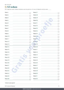 52 weken — Spaaruitdaging — pdf-schrift om af te vinken en rekenmap in je eigen valuta (compatibel met Excel, Google Sheets en LibreOffice)