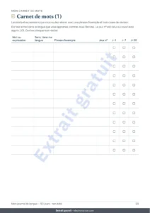 Carnet de mots (1) — Mon journal de langue — 90 jours d’apprentissage et de vocabulaire, pour toute langue (PDF à imprimer)