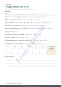 Week 1: sort and clear — The big clean-up before the holiday — 4-week cleaning planner with a fair task rotation for 2 to 6 people (printable PDF)