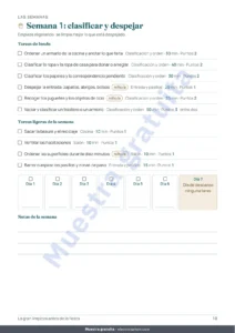 Semana 1: clasificar y despejar — La gran limpieza antes de la fiesta — planificador de 4 semanas y reparto justo de tareas para 2 a 6 personas (PDF para imprimir)