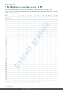 Grille des versements : tours 1 à 15 — Cercle d&rsquo;épargne — le registre de votre tontine entre proches : classeur et carnet PDF (compatible Excel, Google Sheets et LibreOffice)