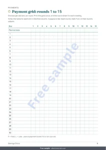 Payment grid: rounds 1 to 15 — Savings Circle — susu, pardner and committee tracker: spreadsheet and printable PDF notebook (works with Excel, Google Sheets and LibreOffice)
