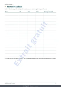 Suivi des soldes — Cours particuliers — classeur des élèves, séances et paiements + carnet PDF à imprimer (Excel, Google Sheets et LibreOffice)