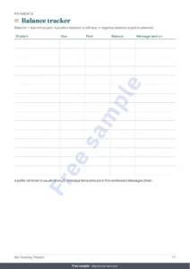 Balance tracker — Private Lessons Tracker — workbook for students, lessons and payments + printable PDF notebook (Excel, Google Sheets and LibreOffice)