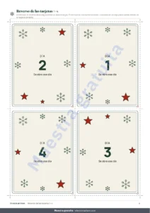 Reverso de las tarjetas 1–4 — Cuenta regresiva para las fiestas — 24 tarjetas de actividades en familia para imprimir (calendario de Adviento)