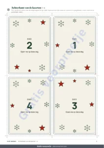 Achterkant van de kaarten 1–4 — Aftellen naar de feestdagen — adventskalender met 24 activiteitenkaarten voor het gezin om te printen