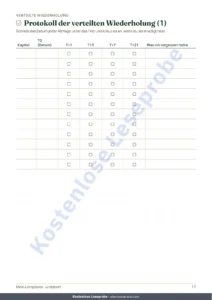 Protokoll der verteilten Wiederholung (1) — Lernplaner für Prüfungen — Rückwärtsplan, verteilte Wiederholung und Lernzettel zum Ausfüllen (undatiertes PDF)