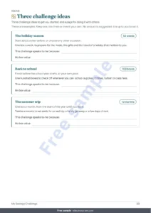 Three challenge ideas — Savings Challenge — printable PDF notebook and spreadsheet that does the math, in your own currency (works with Excel, Google Sheets and LibreOffice)