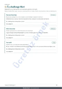 Üç challenge fikri — Tasarruf Challenge’ı — işaretlemeli PDF defter ve hesabı yapan tablo, kendi para biriminizde (Excel, Google Sheets ve LibreOffice ile uyumlu)