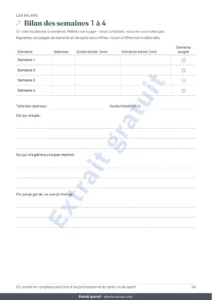 Bilan des semaines 1 à 4 — Mon carnet de séances — journal d’entraînement sur 12 semaines (marche, course, salle), PDF à imprimer